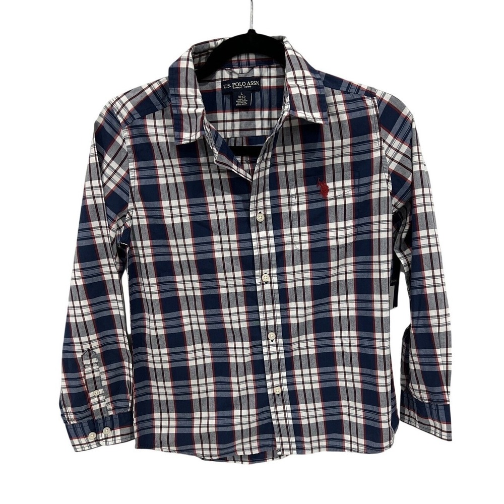 U.S. Polo Assn Boys L 10-12 Shirt Blue Red Plaid Button Down Preppy Classic‎